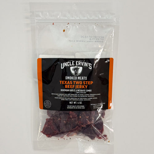 Package of Uncle Ervin's Smoked Meats Texas Two Step Beef Jerky on a white background