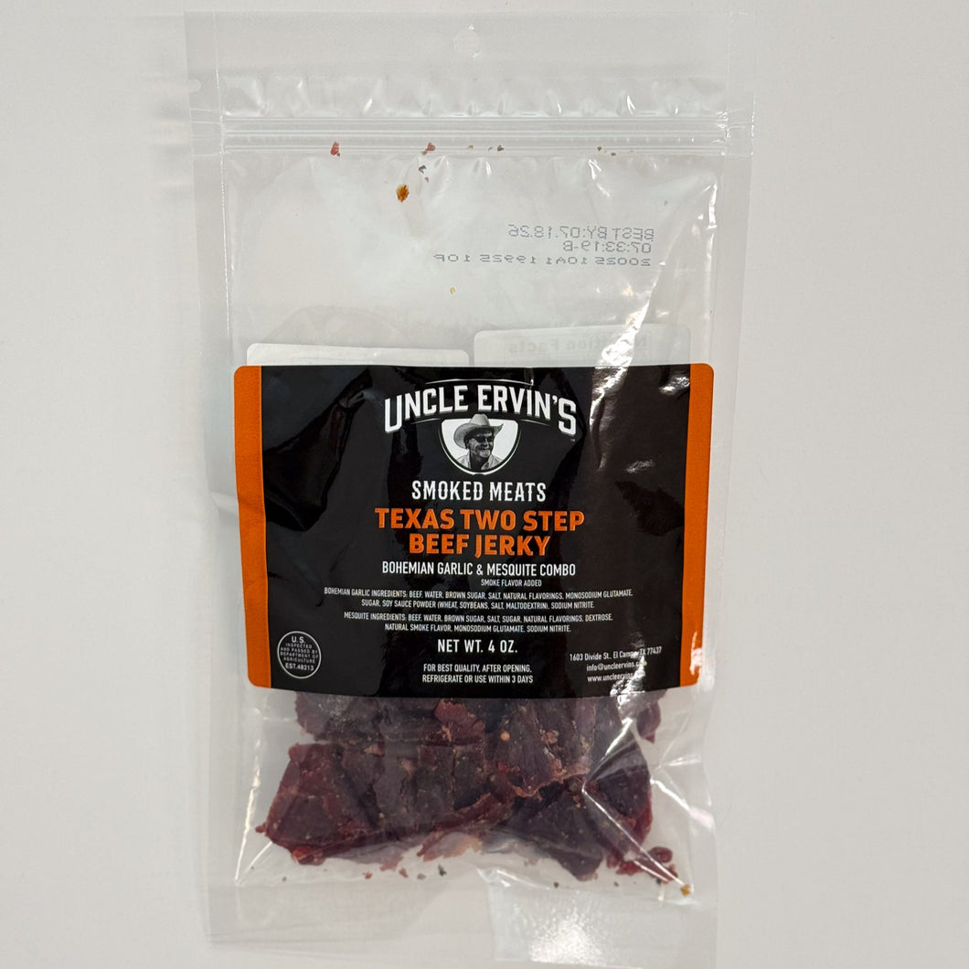 Package of Uncle Ervin's Smoked Meats Texas Two Step Beef Jerky on a white background