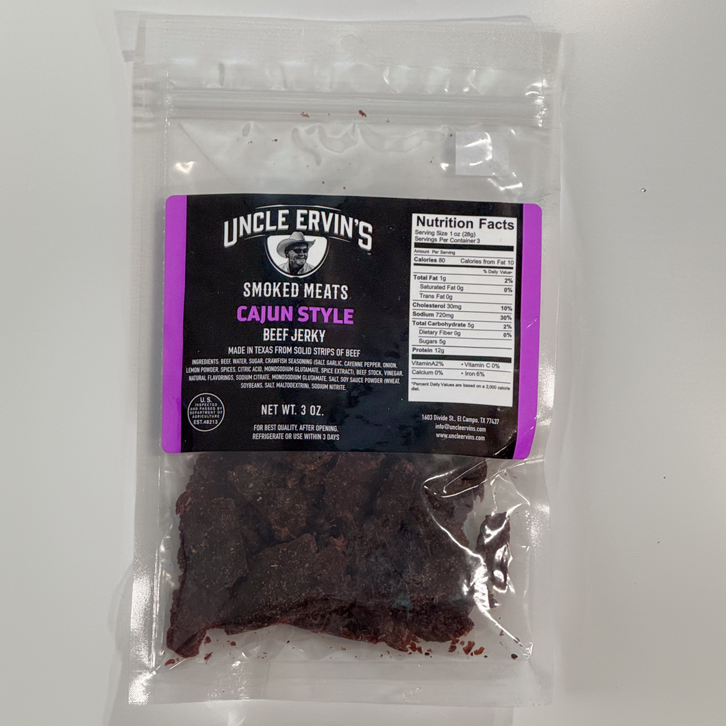 Package of Uncle Ervin's Cajun Style Beef Jerky in a clear bag on a white background